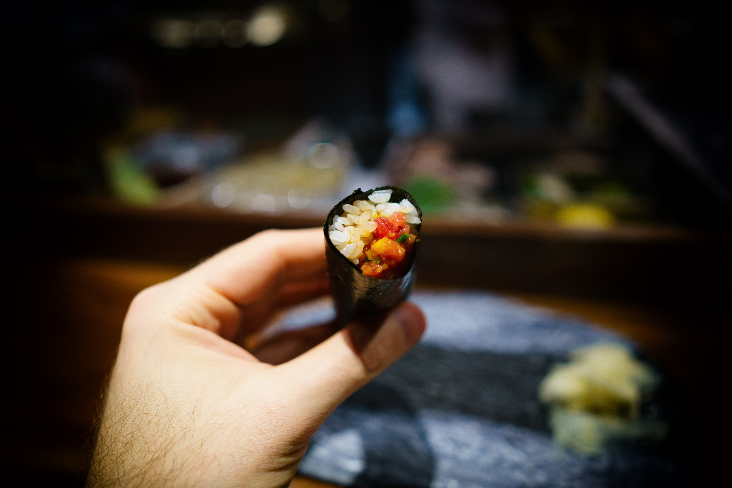 Negitoro (fatty tuna and scallion roll) with pickled vegetables