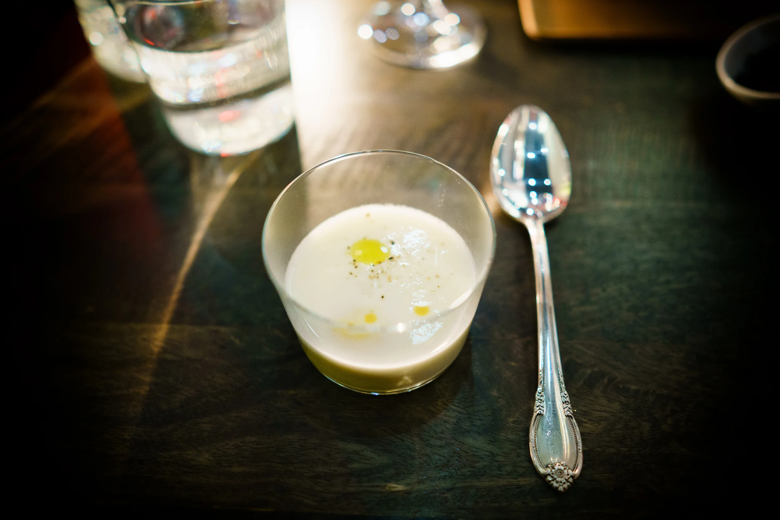 Hot Parsnip veloute, cold lobster bisque