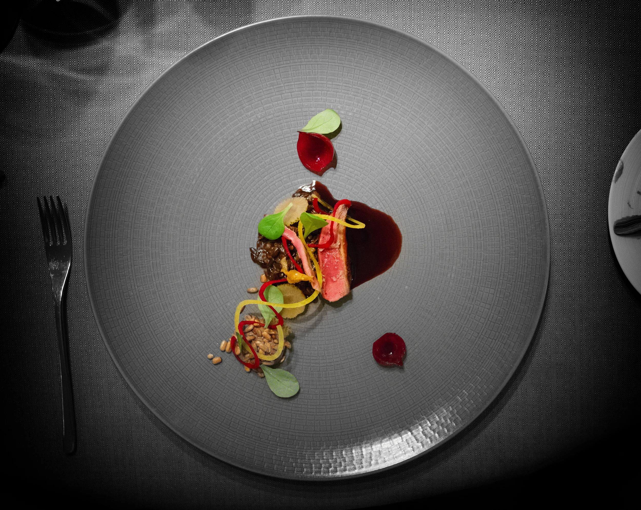 Squab, beet, sunflower seed, mache