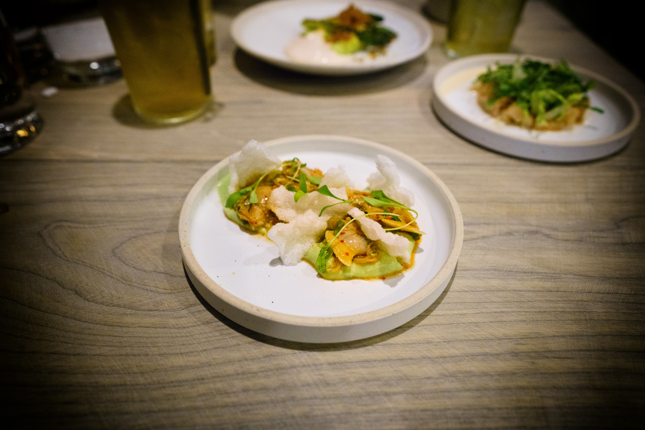 Littleneck clam, avocado, rice cracker, gochugaru