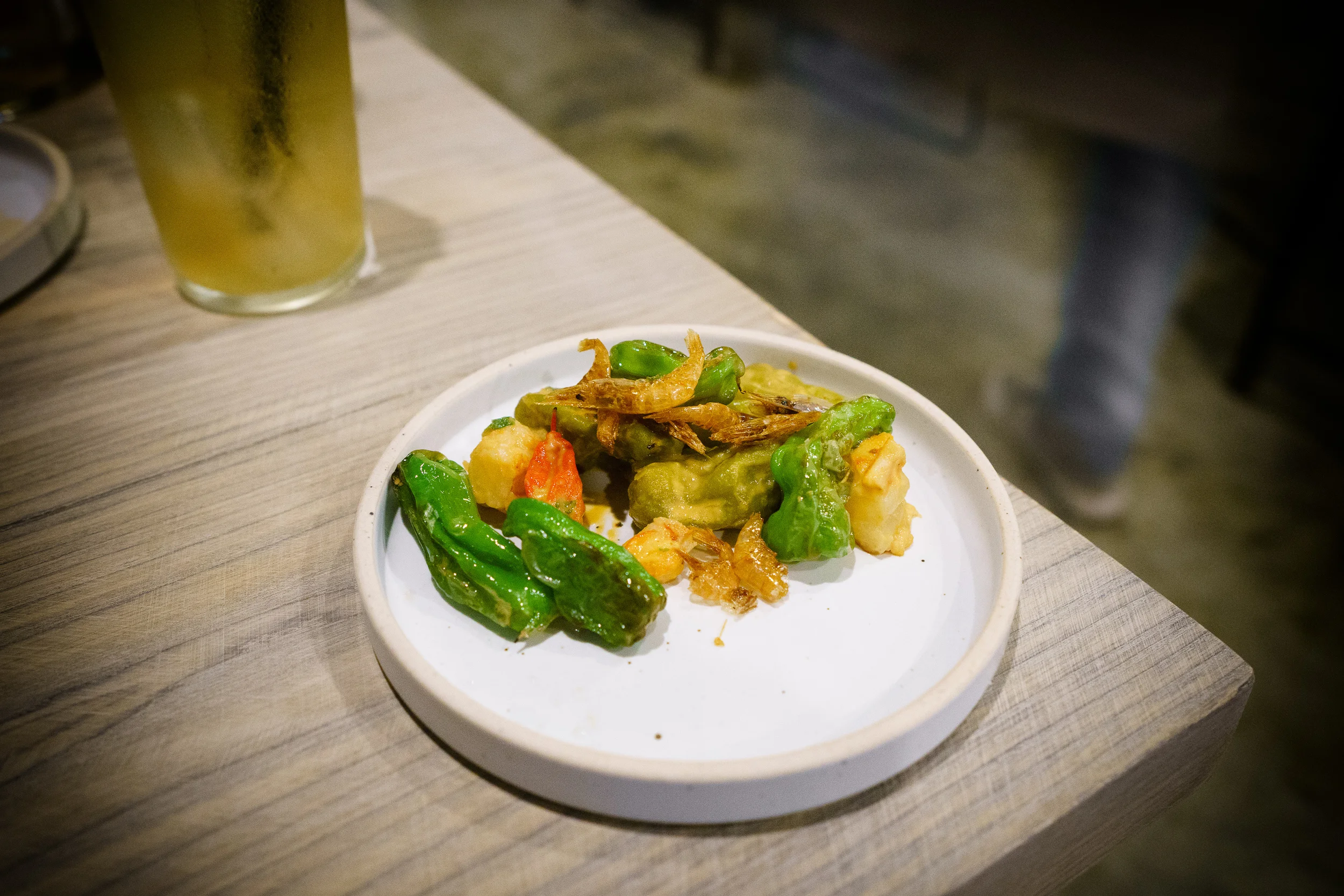 Shishito, shrimp, tomato, doenjang