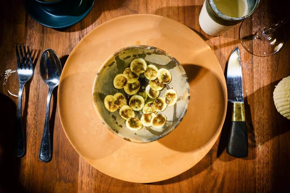 Banana ceviche, kelp oil