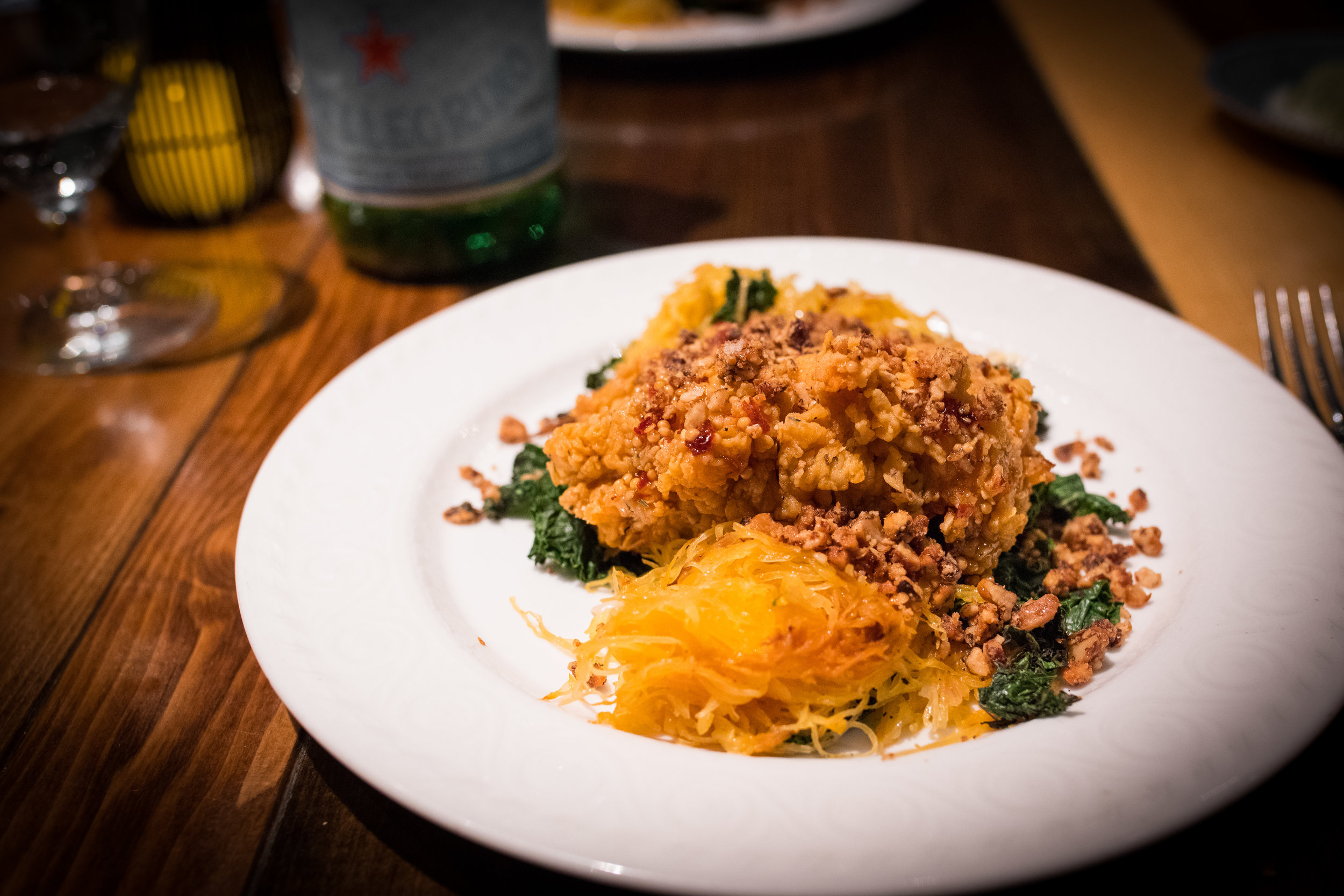 Fried chicken, winter squash, candied walnuts, and maple butter