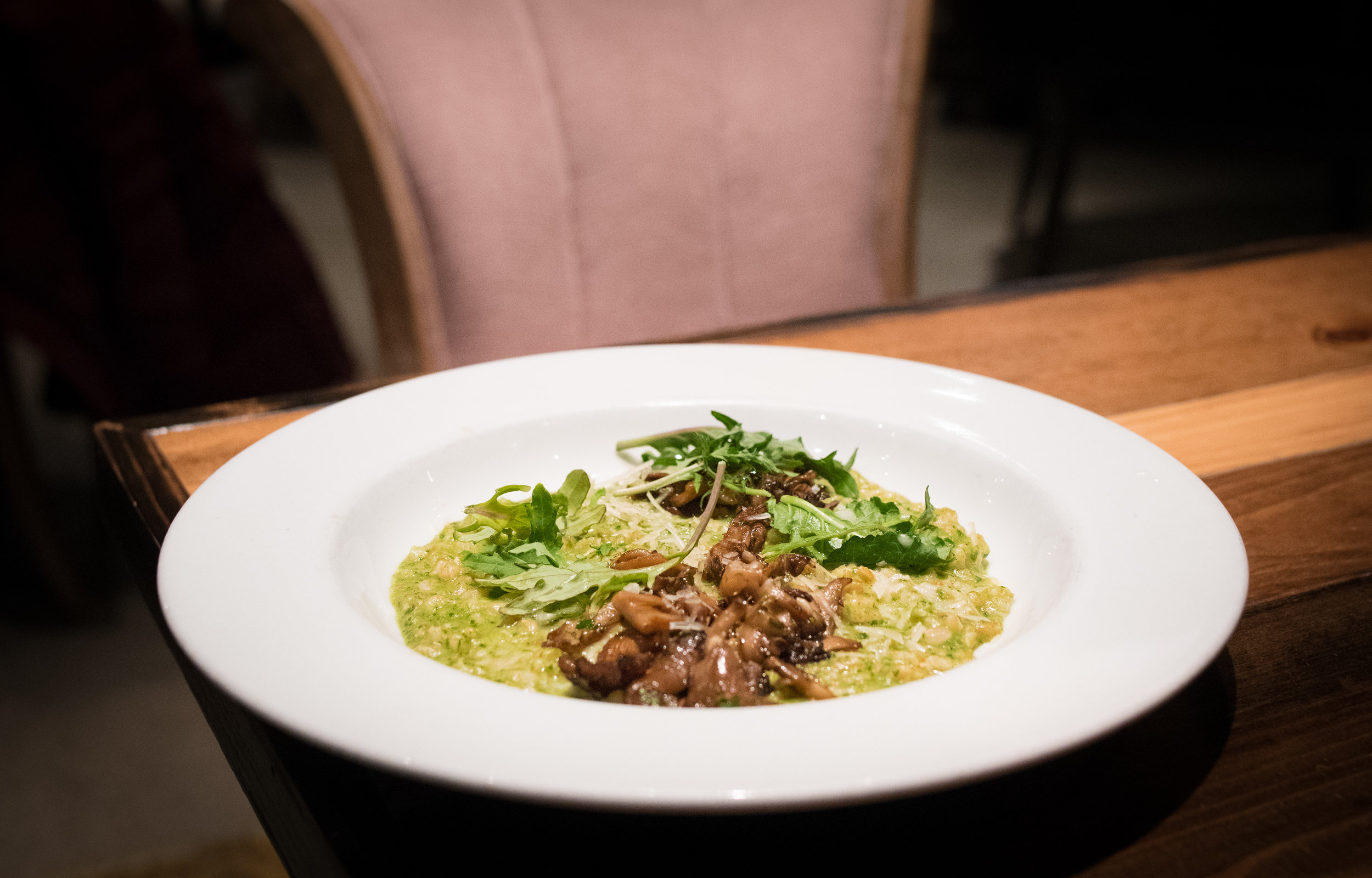 Farro Risotto, roasted mushrooms, kale pesto