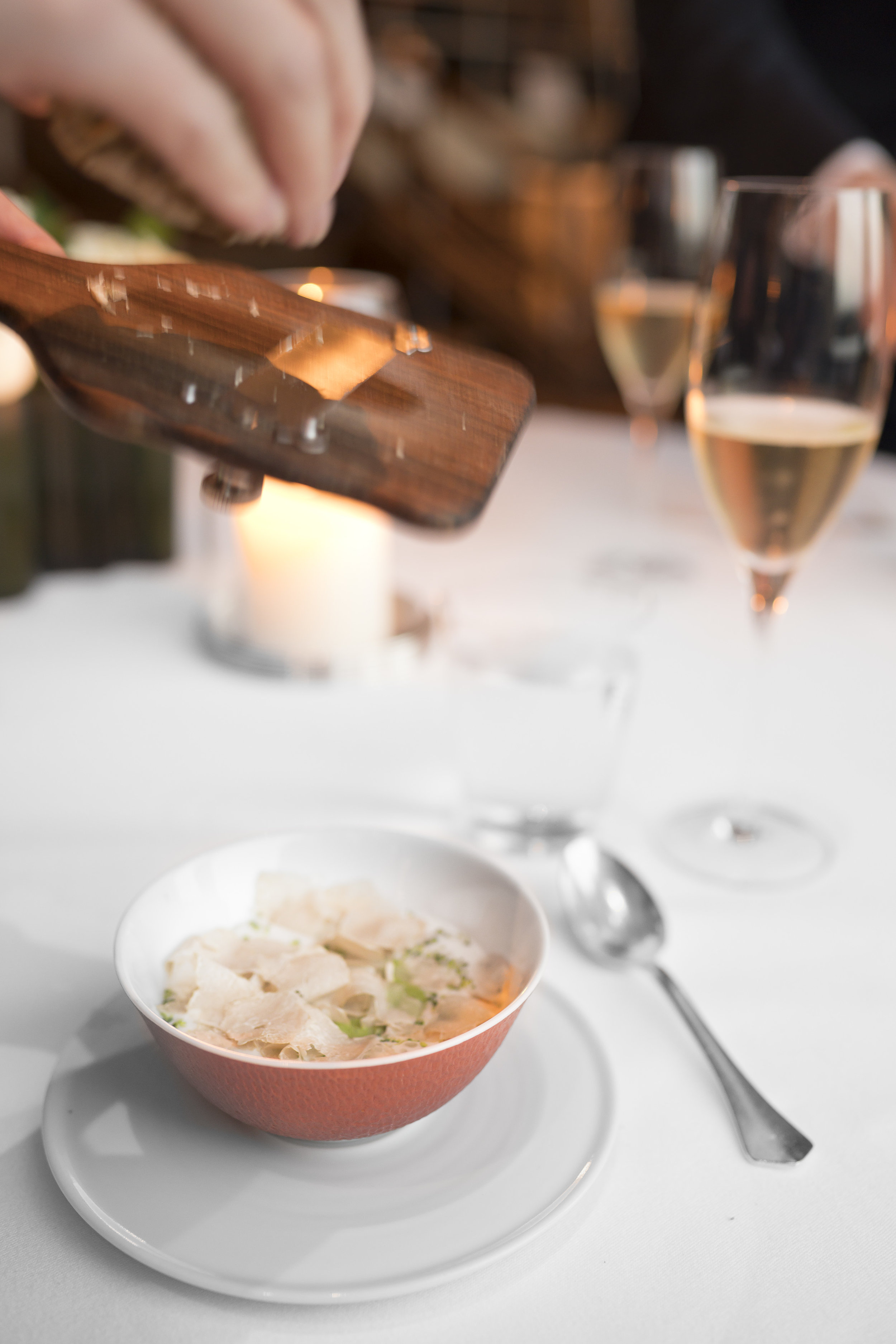 Cream of Broccoli Soup. "Pain de Campagne Croutons." Piedmont Hazelnuts and Shaved White Truffles from Alba