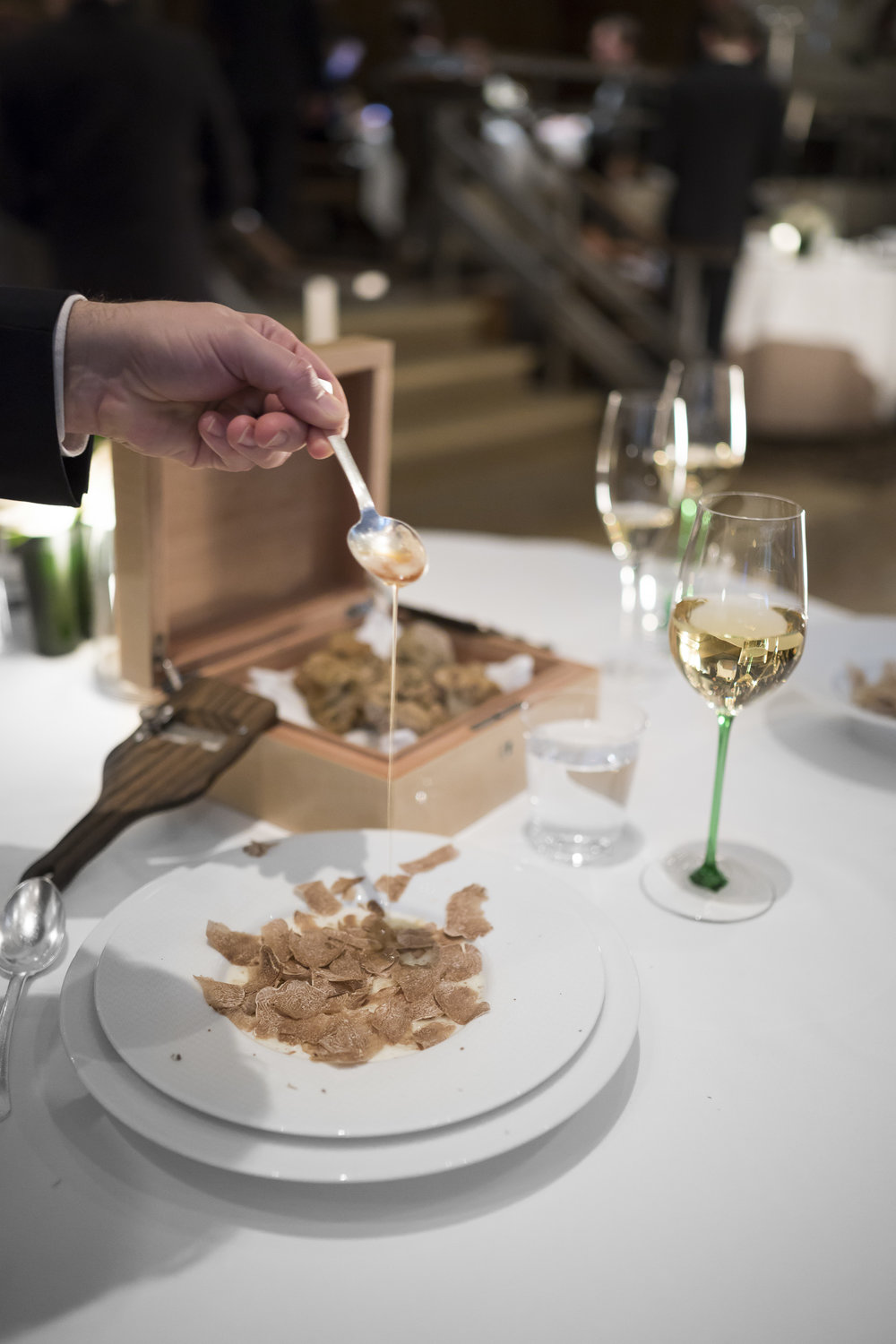 "Carnaroli Risotto Biologico." Shaved White Truffles from Alba. "Beurre Noisette," and "Parmigiano Reggiano."