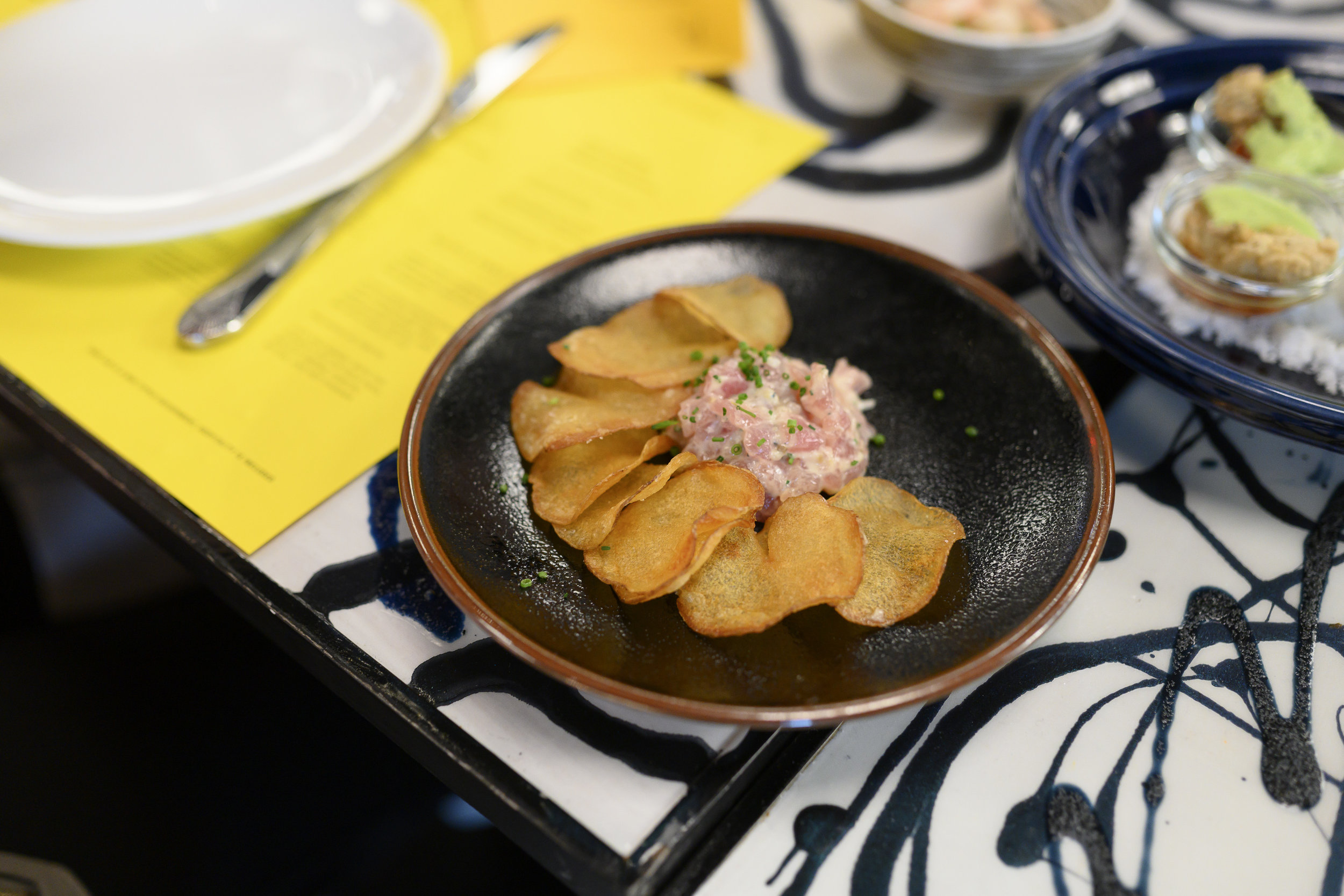 Tuna Tartare with Lemon and Preserved Truffle and Brown Butter Potato Chips