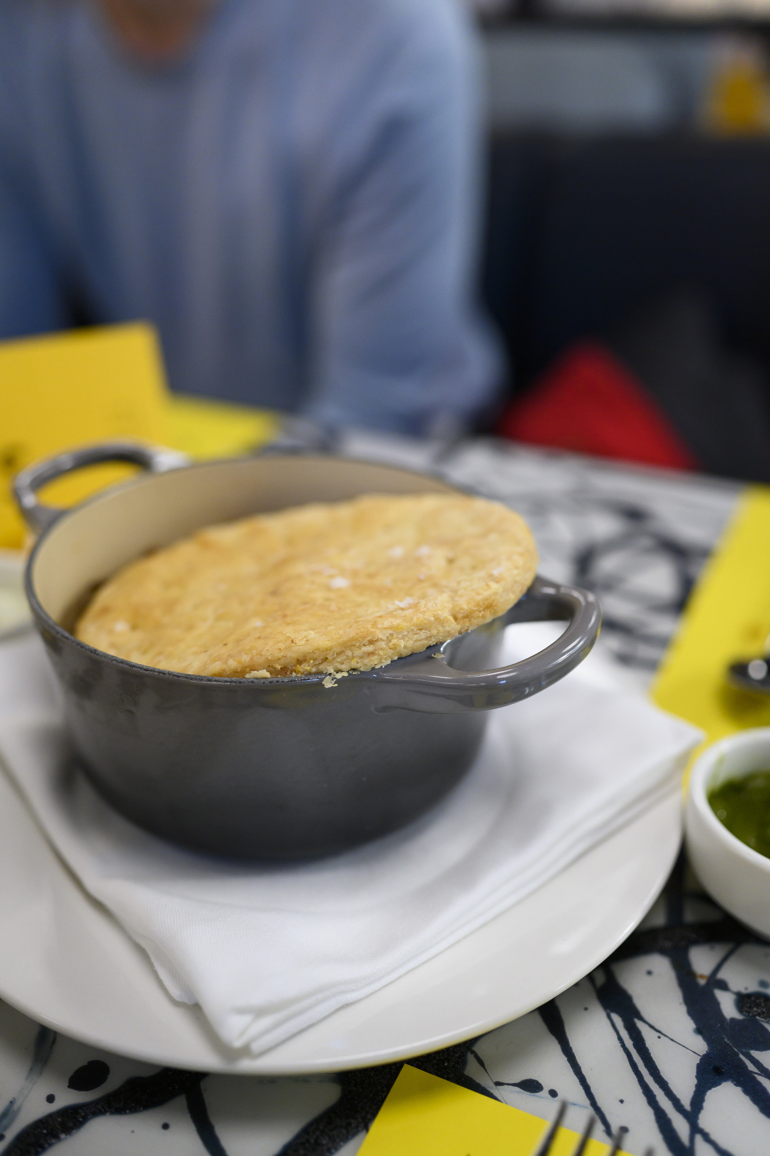 Rabbit Confit Cornmeal Cobbler with Young Roots, Butter Beans and Oyster Mushrooms