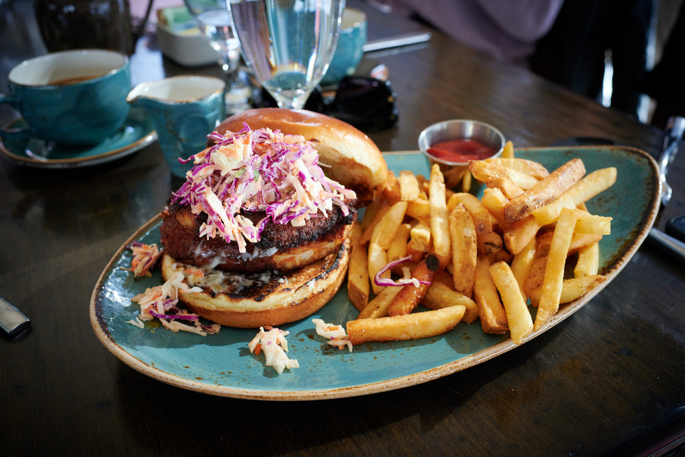 Fried Chicken Sandwich, Breaded Chicken Breast, Hot Honey, Aïoli, Cabbage Slaw, House Pickle