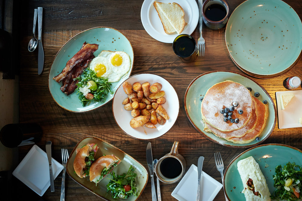 Blueberry Pancakes, Fried Eggs, Fried Potatoes, and Smoked Salmon at the Waldorf Astoria, Park City