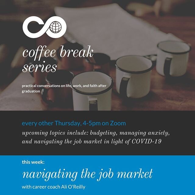 Another awesome #COcoffeebreak is coming this Thursday! Tune in to hear about navigating the job market in light of COVID-19 and get all your questions answered with career coach and CO alum Ali O&rsquo;Reilly! 
Find the Zoom link and sign up with th