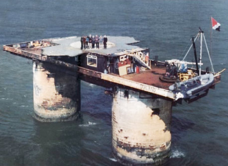 Sealand, a sovereign micronation founded on a North Sea anti-aircraft platform abandoned by the British after WWII.