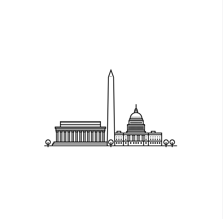 Line drawing of the Washington D.C. skyline, including the Lincoln Memorial, Washington Monument, U.S. Capitol, and surrounding trees.