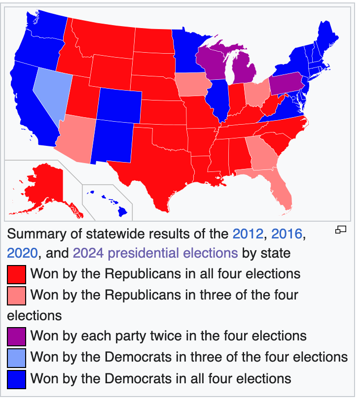 How many states have voted for the same party for the past four presidential elections?