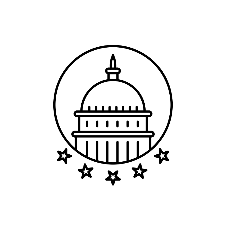 Line drawing of a government building with a dome, surrounded by five stars.