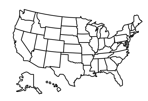 Outline map of the United States with state borders, including Hawaii and Alaska.