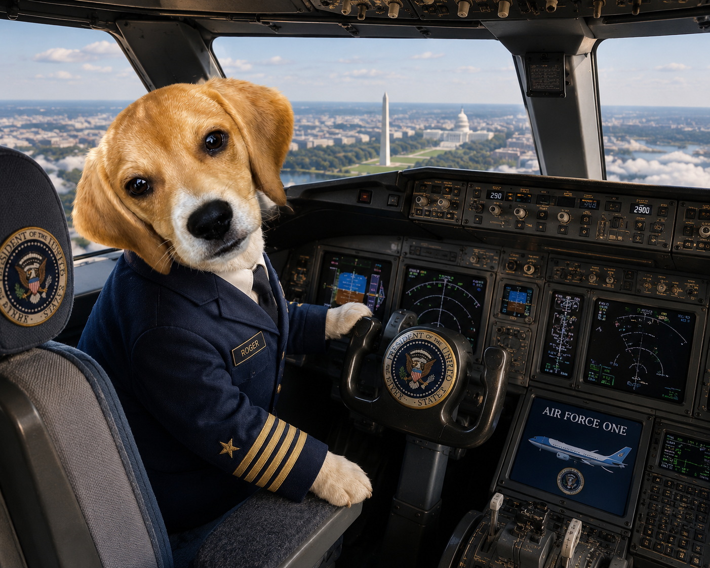 A dog dressed as an airline pilot sitting in the cockpit of an airplane, with Washington, D.C., landmarks like the Washington Monument and the Capitol building visible through the cockpit windows.