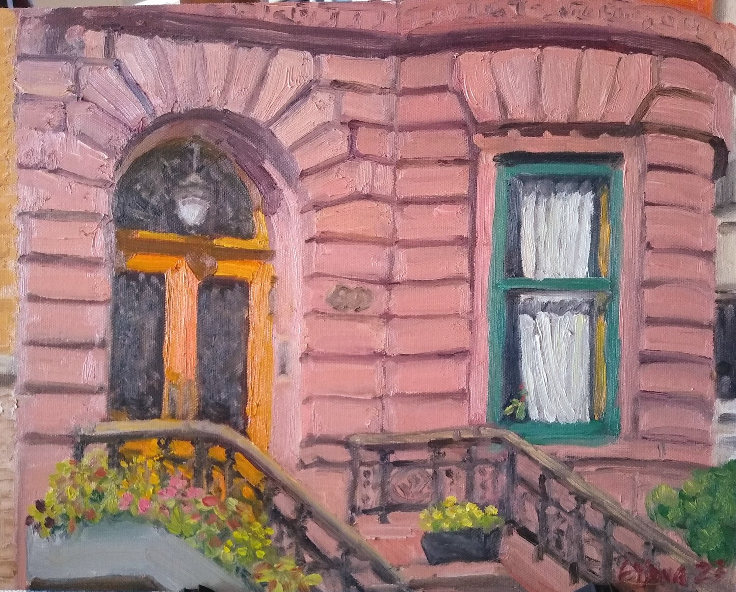 Brownstone with Green Window