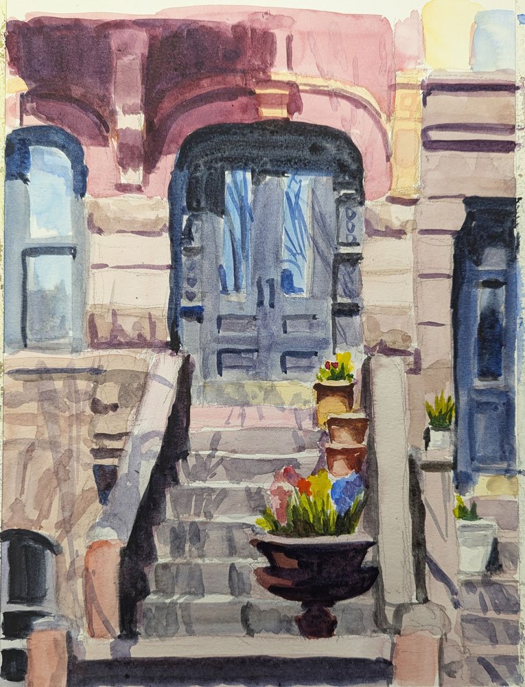 Stoop with Spring Flowers
