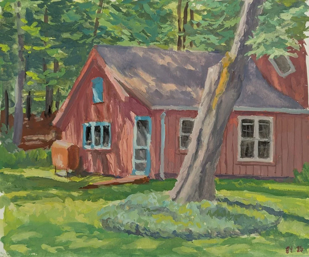 Red House with Slanting Tree (gouache)