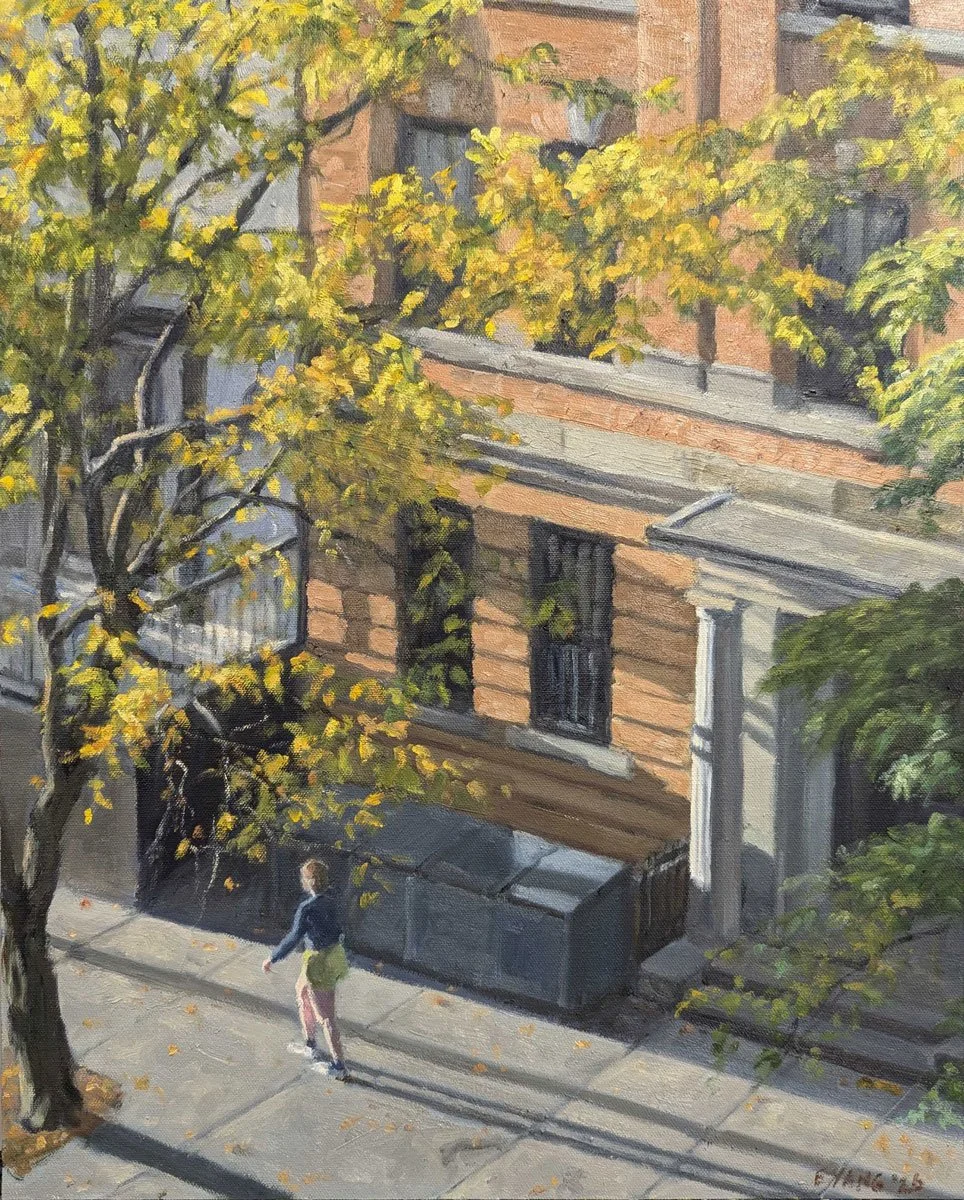 original oil painting of view looking down from a high floor onto a sidewalk and historic building, young woman is walking into low slanted bright morning light under tree with yellow autumn leaves