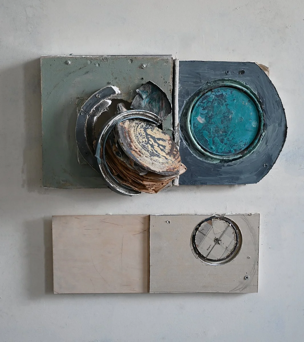  Juxtapose C; 2026 Drywall, house paint, paint cans;  21” x 20” x 6” 