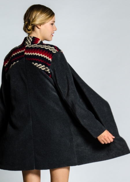 Logan Coat for $169, available in displayed charcoal and cream. No two pieces are alike, so come in to see what sweater patterns you can find at gather !
