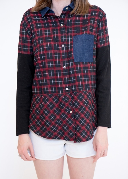 Frances Bean Top made from deadstock denim, cotton flannel, and lightweight jersey. Available in-store for $112 in the displayed red & black, as well as green & grey and black & grey. 