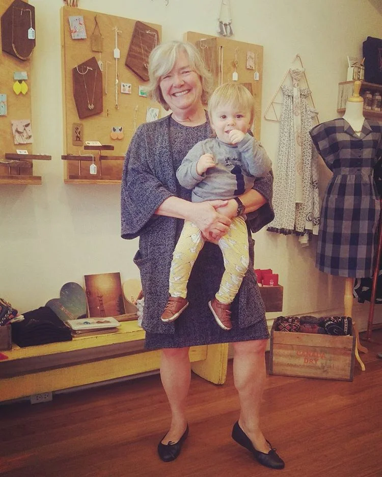 Grandma and our biggest fan in our textured sweater dress and textured sweater kimono with baby Hunter