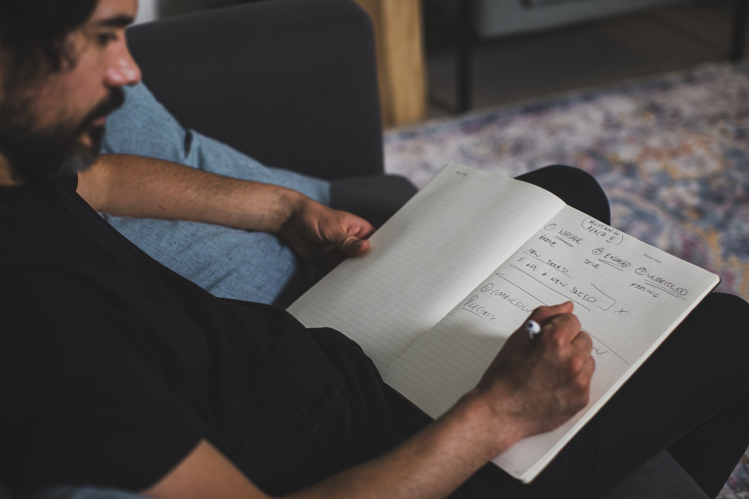 Documentary photograph of electronic musician Matthew Dear working in the recording studio during the creation of New Breed.