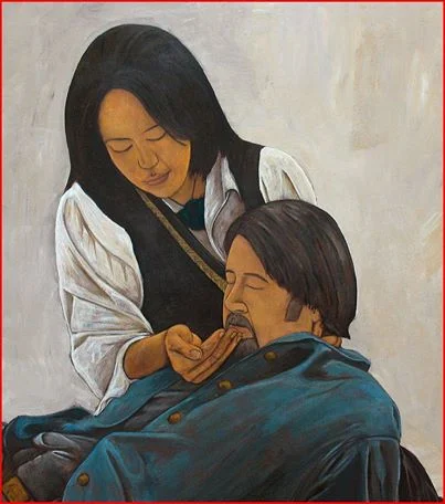 Bryce Brown's painting of Heni Te Kirikaramu giving water to a dying Colonel Booth
