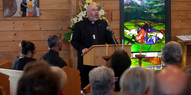 Revered John Hebenton speaking at the Battle of Gate Pa commemorations at St George's Anglican Church.