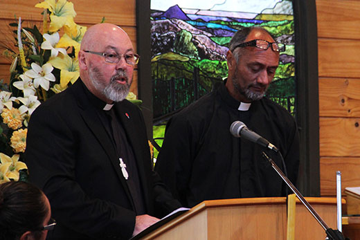 St George's Anglican Church Reverend John Hebenton (left) and Decon Kevin Taylor who read Hori Ngatai's account of the battle at yesterday's commemoration. Photos: Tracy Hardy.