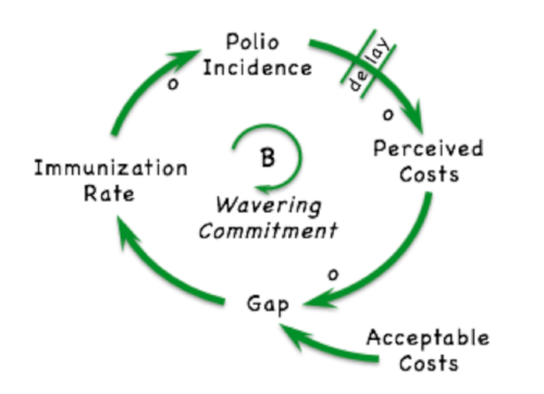 Figure 1: This feedback loop illustrates the “wavering” commitment to global poliovirus eradication, which leads to oscillation in the occurrences of polio cases. Source: Thompson and Duintjer in Wiley InterScience1