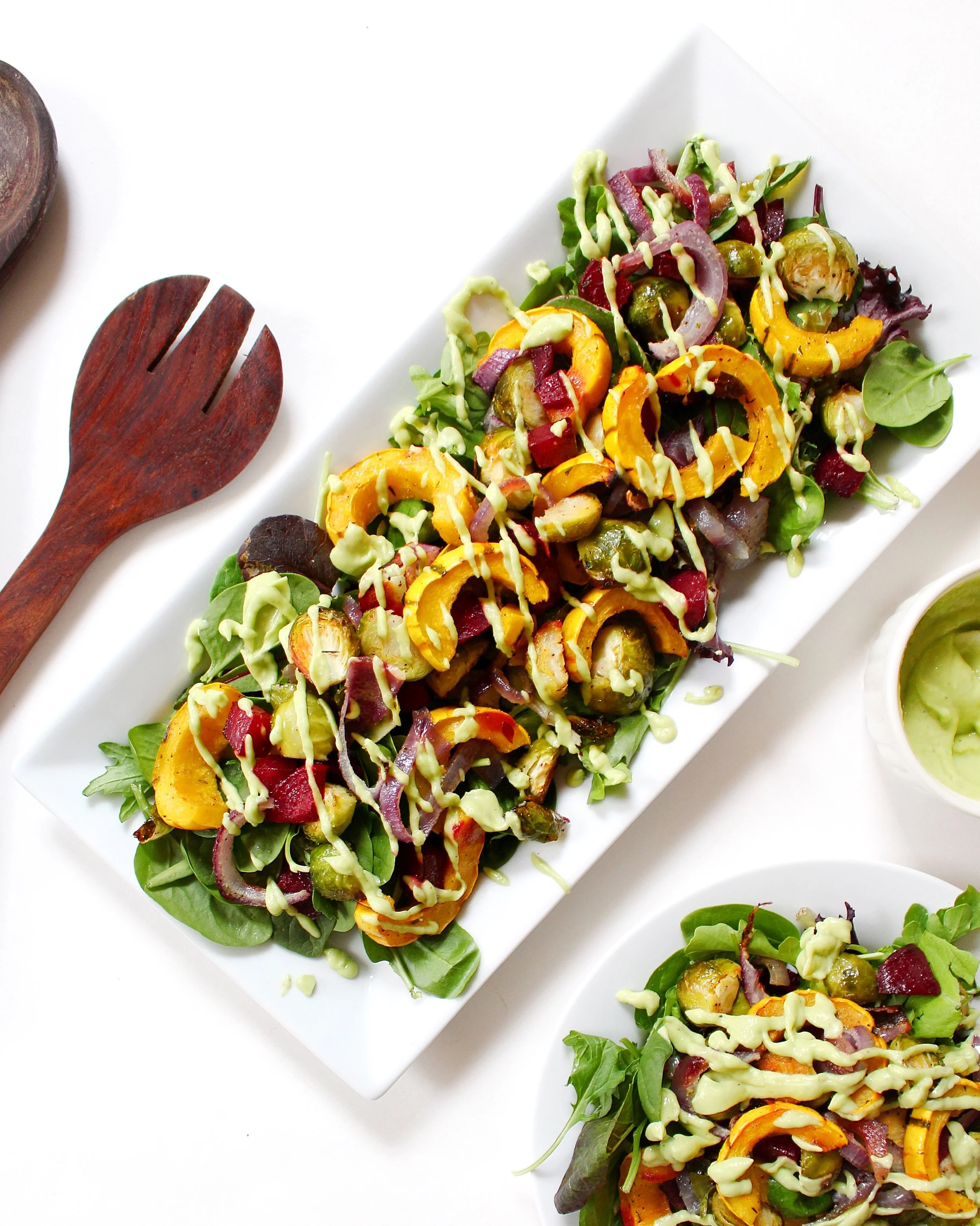 Autumn Roasted Veggie Salad with Creamy Avocado Dressing