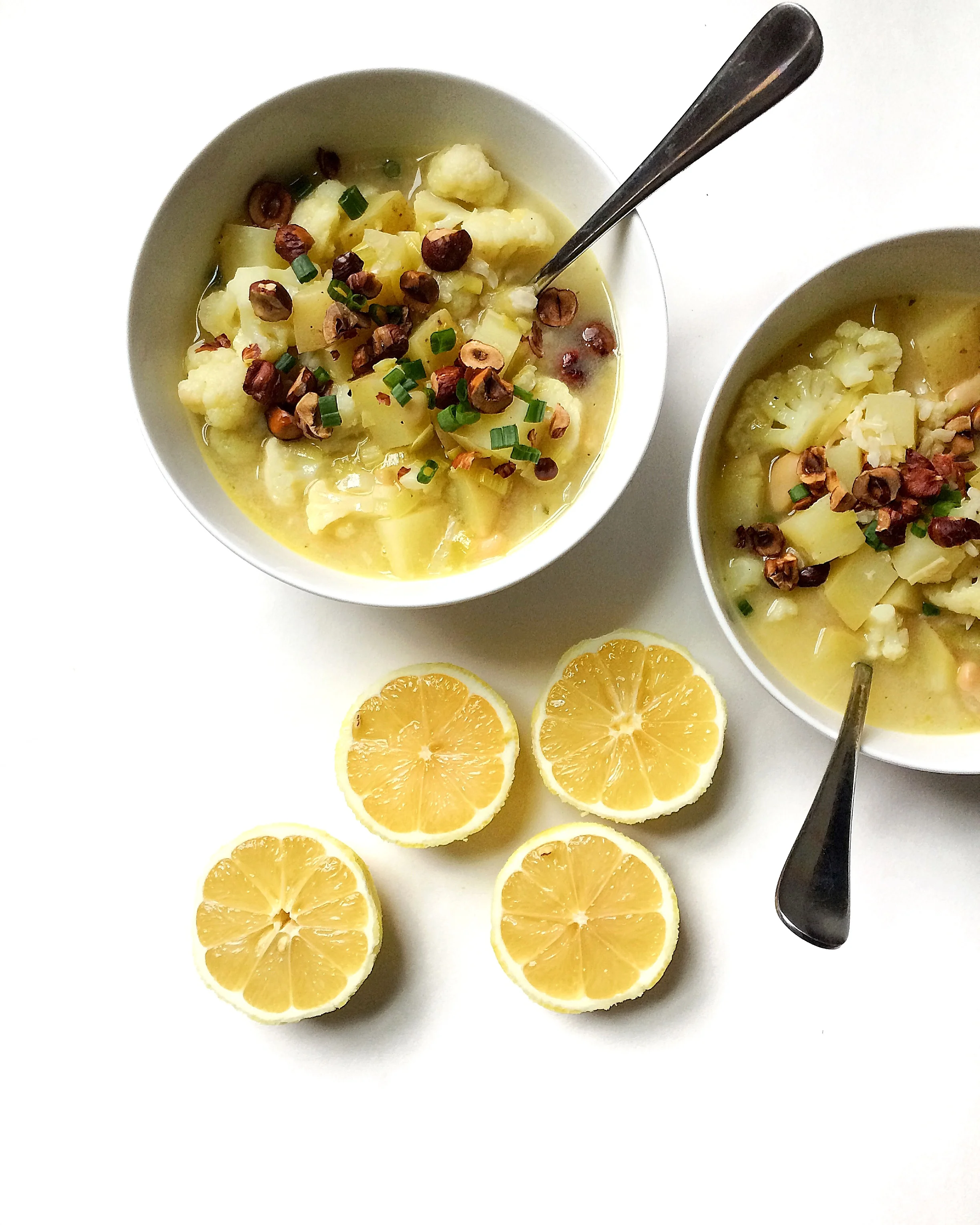 Lemon Potato Leek Soup with Toasted Hazelnuts