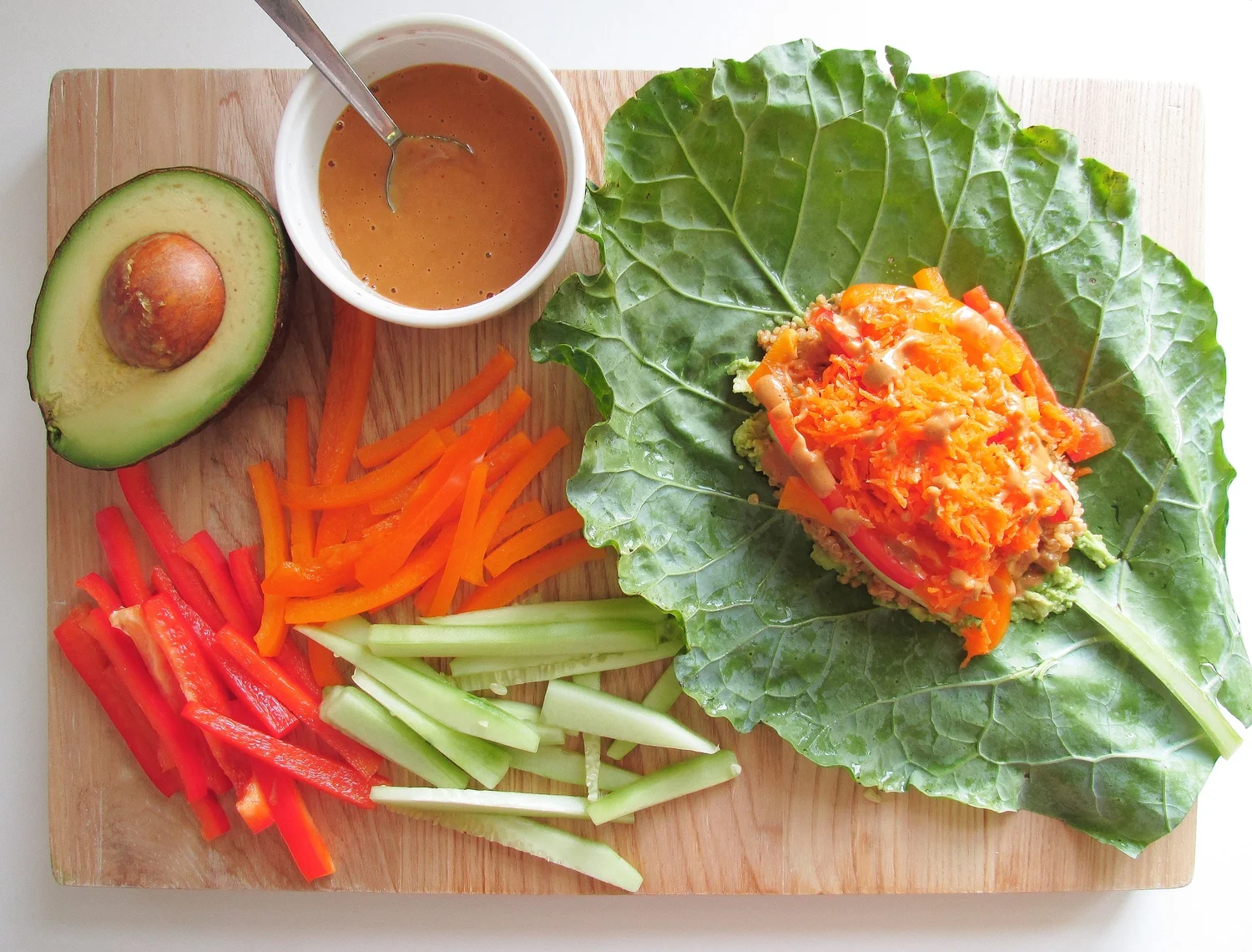 Collard Green Wraps with Rainbow Veggies & Peanut Sauce