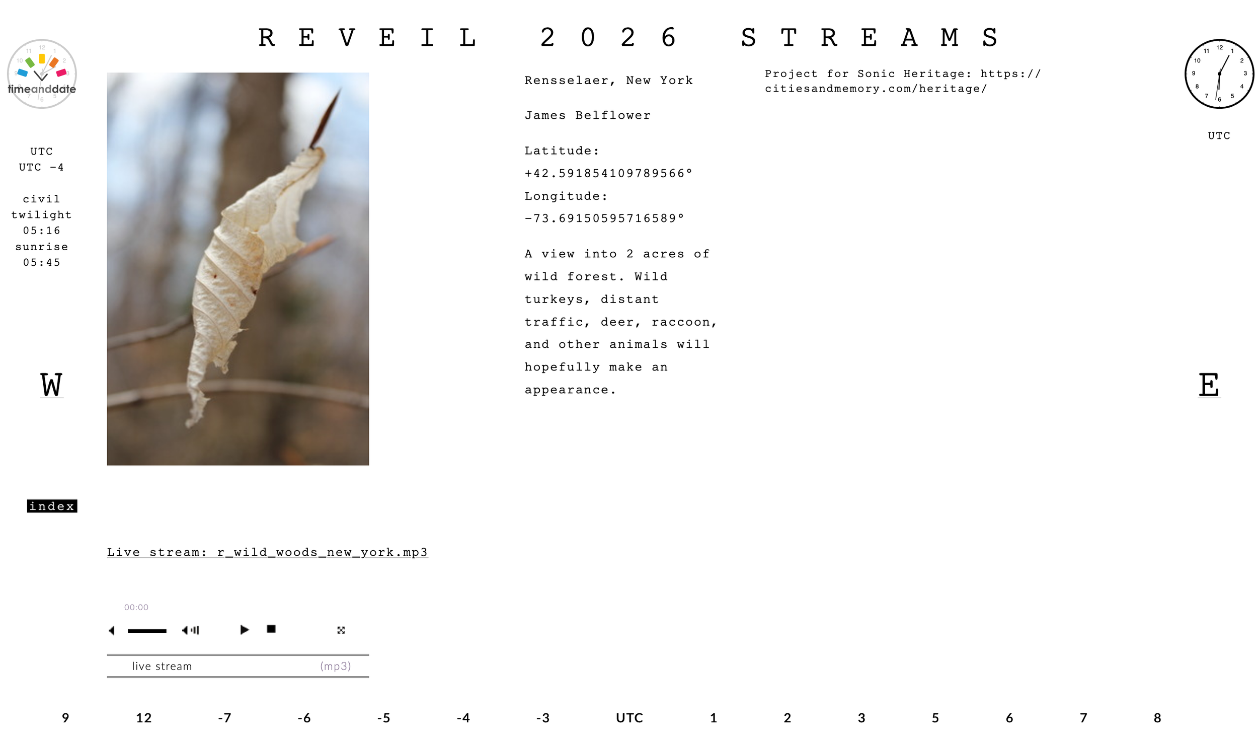 white leaf photo on a white background with various times and latitudes listed for the sound stream of Reveil 2026