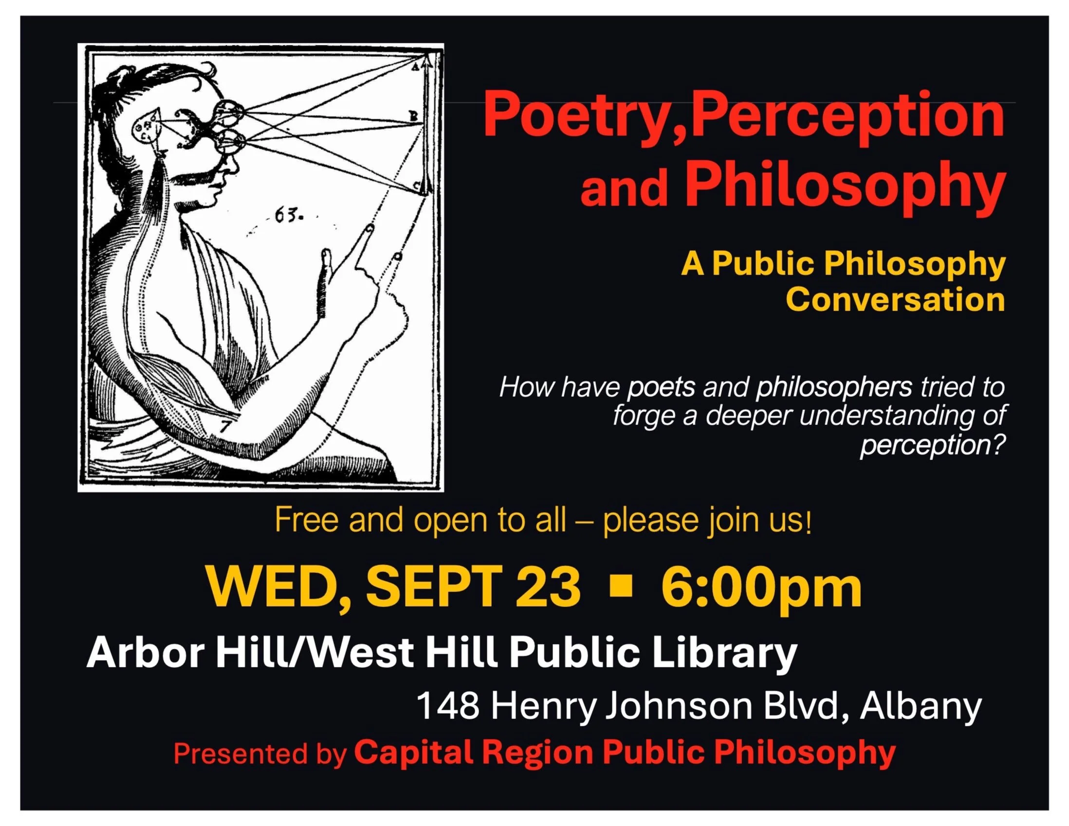 Black event flyer with bold red, yellow, and white text beside a vintage diagram of human vision and perception.