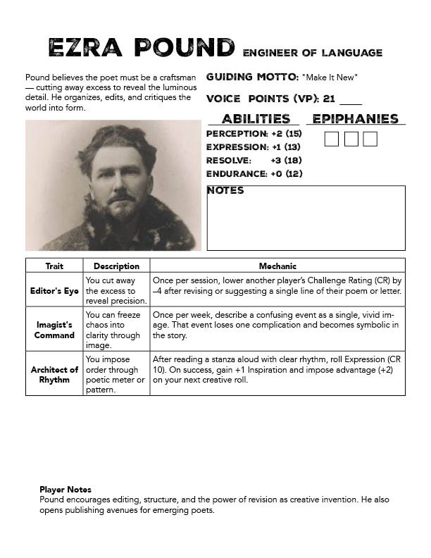 Ezra Pound on white background with game mechanics written around him.