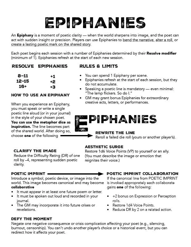 Description of Epiphanies from the working version of Voices of the Vanguard: Modernist Roleplaying Game