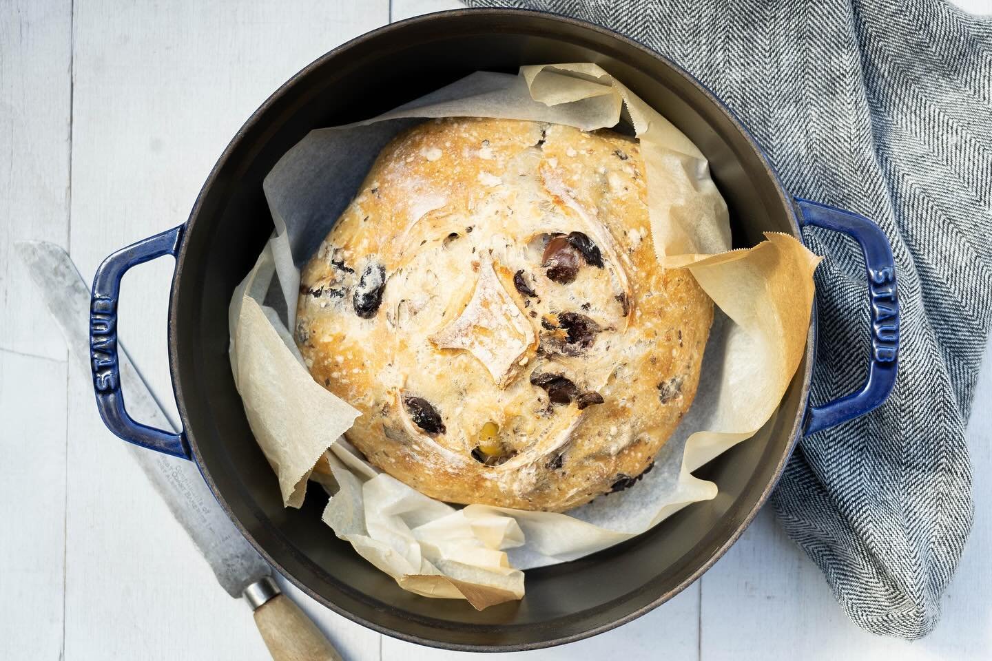 I love the salty, briny punch that olives add to this easy, crusty, no-knead bread. 

No-knead bread only needs a thorough stir, rather than a lot of vigorous kneading, and then a slow rise, to form a lovely dough that&rsquo;s very easy to work with 