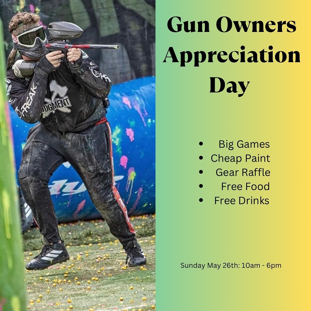 Gun Owners Appreciation Day is Sunday!! Arena will be up, cheap paint, big games, free food and drinks and a gear raffle( must arrive before 12pm to be entered in the raffle ). Can&rsquo;t wait to see all you ballers out! 
 
 
 
 

 

#braggcreek #yy