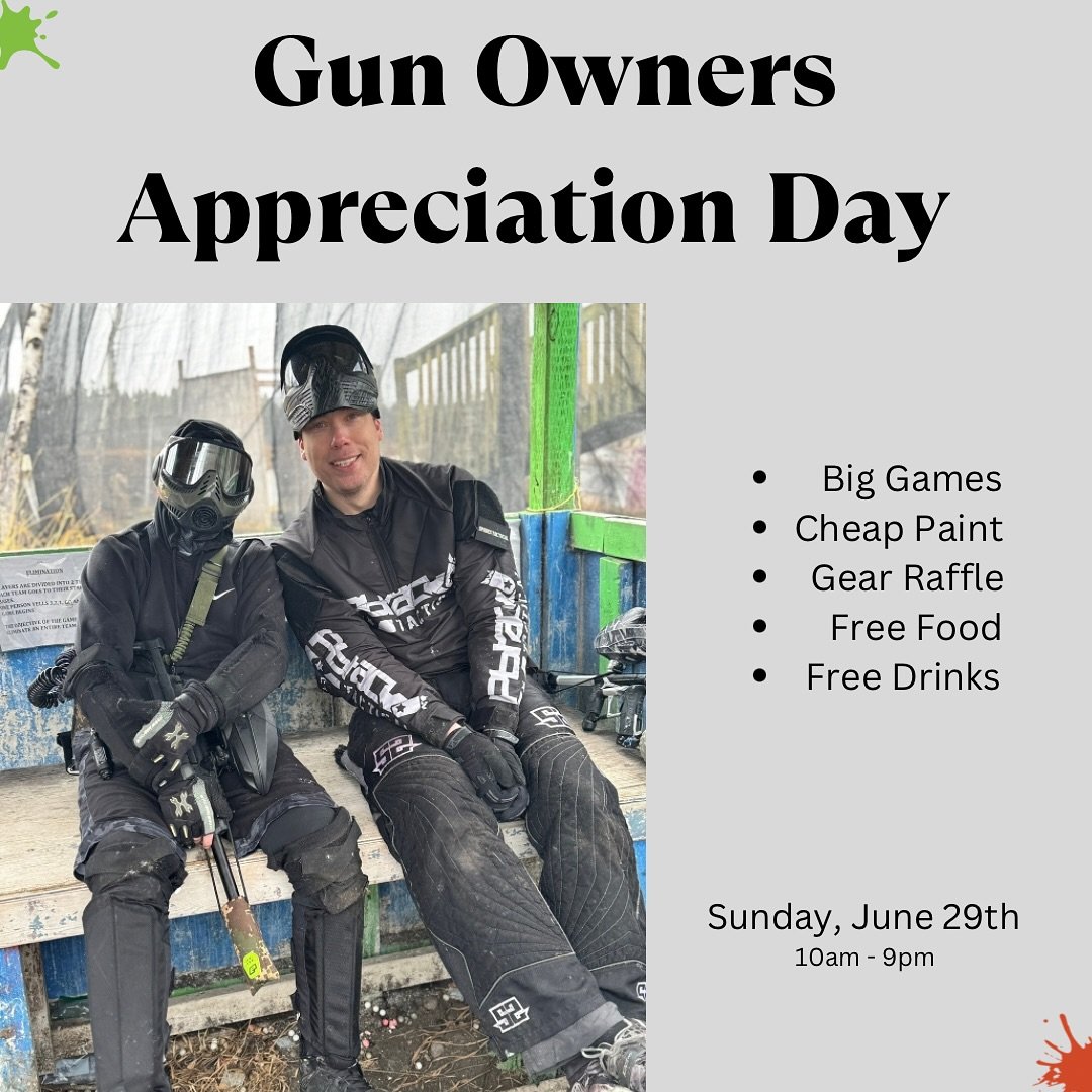 Gun Owners Appreciation Day is only a couple weeks away!! Arena will be  up, cheap paint, big games, free food and drinks and a gear raffle( must arrive before 12pm to be entered in the raffle ). Can&rsquo;t wait to see all you ballers out! 
 
 
 
 
