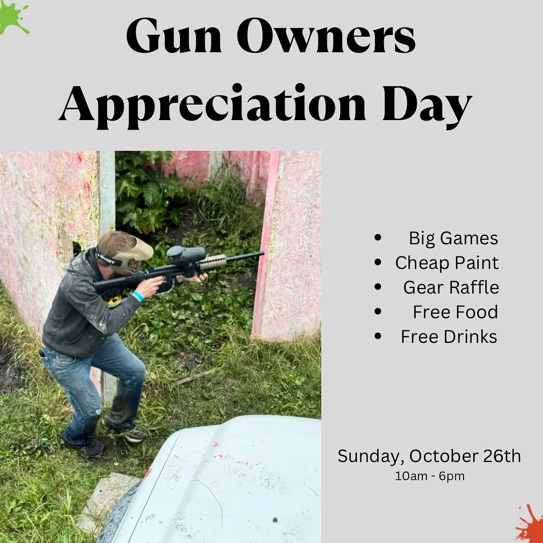 It’s our final day of the 2025 season and it’s Gun Owners Appreciation Day!! Prize for best costume, cheap paint, big games, free food and drinks and a gear raffle( must arrive before 12pm to be entered in the raffle ). Can’t wait t