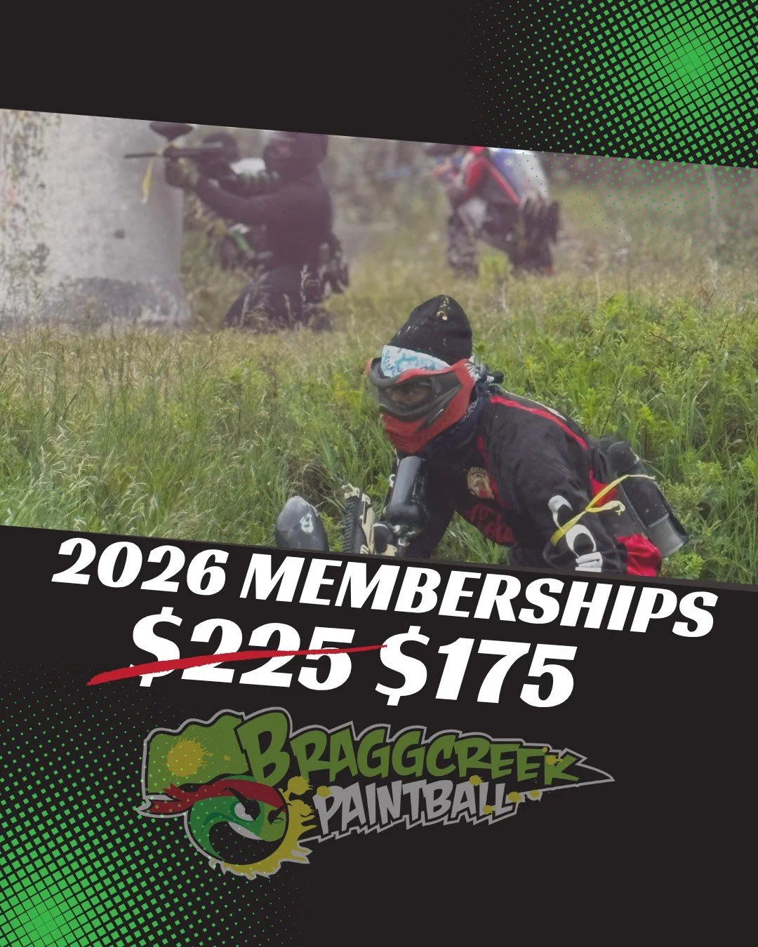 The 2026 membership just dropped &mdash; and it's the best deal of the season. 🎯
New Member price: $175 (was $225)

Here's what you get:
✅ Discounted entry fee every time you play
✅ $15 off each case of paintballs (or $10 off BYOP)
✅ 10% off at MR P