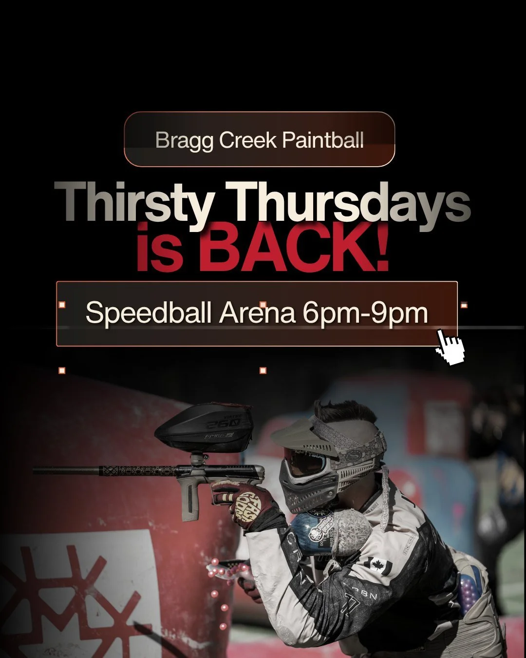 Thirsty Thursdays are FINALLY BACK this week!!

Every Thursday night this season, @BraggCreekPaintball turns on the lights and opens the arena from 6&ndash;9 PM for fast-paced games, cheap paint, and good vibes! 

From first-timers to seasoned player