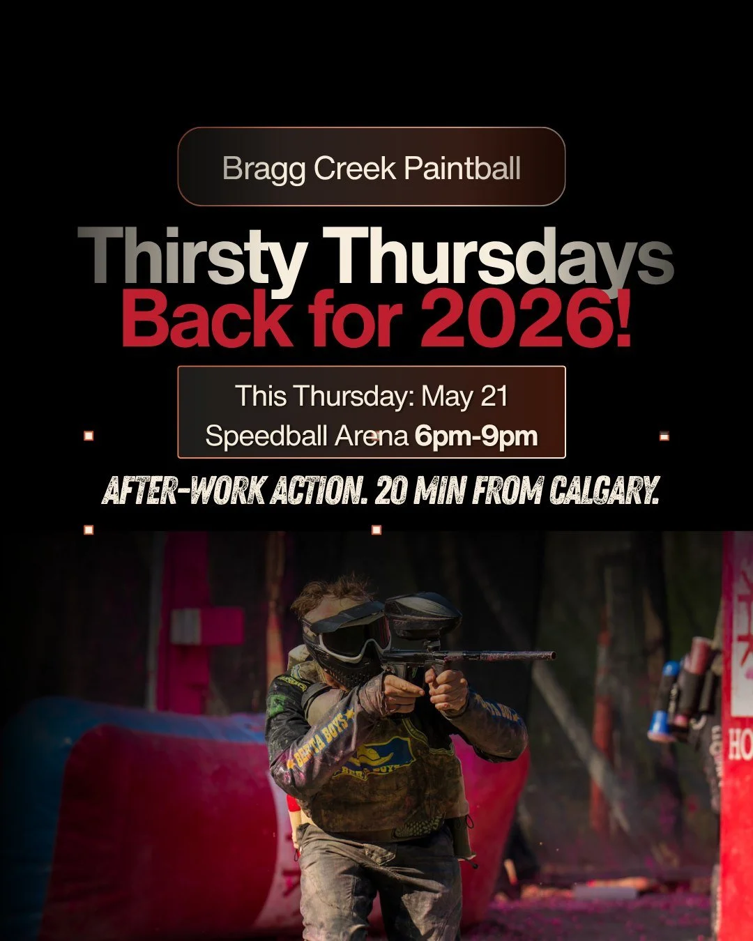 What are you doing this Thursday????? 🫟🫟🫟

Every Thursday night this season, @BraggCreekPaintball turns on the lights and opens the arena from 6&ndash;9 PM for fast-paced games, cheap paint, and good vibes!

From first-timers to seasoned players, 