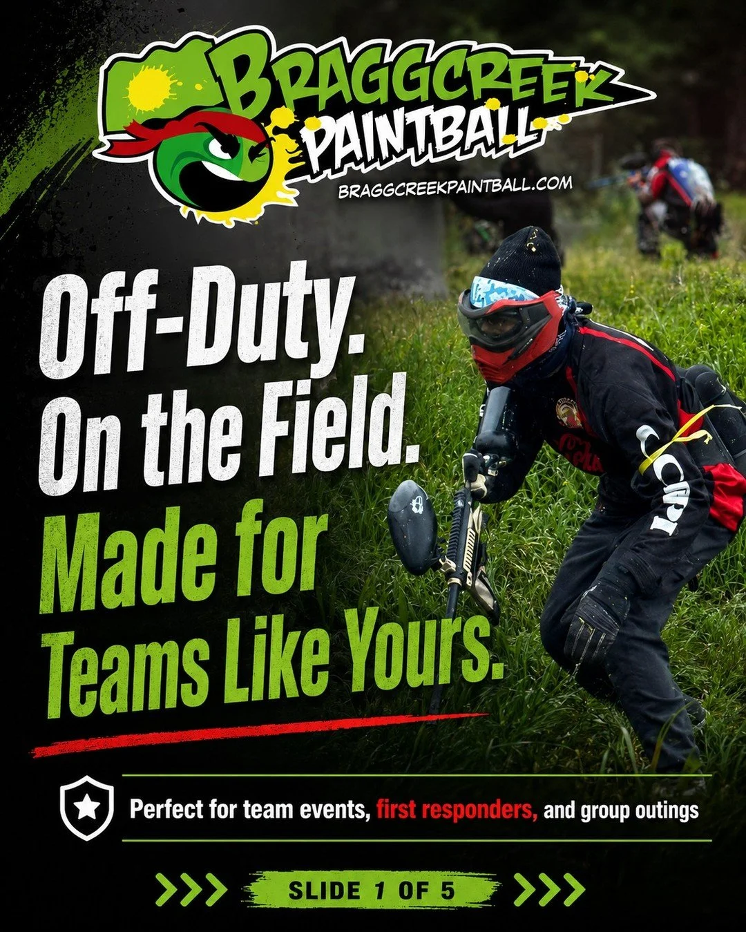 🚨 Off-duty, on the field! The best team days happen at @BraggCreekPaintball, 30 min from Calgary.

You spend every shift trusting your crew with everything. When the shift ends, that same crew deserves somewhere worthy of how well they work together