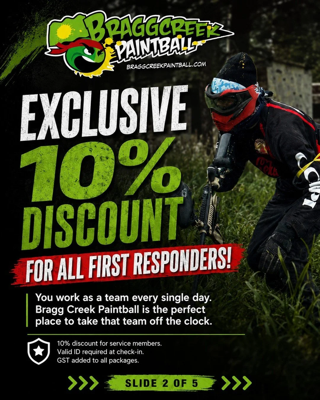 Calgary first responders get a permanent 10% discount at Bragg Creek Paintball &mdash; no expiry, no sign-up, just show your ID.

Police. Firefighters. Paramedics. EMS. Canadian Armed Forces. Active or retired &mdash; this offer doesn't expire becaus